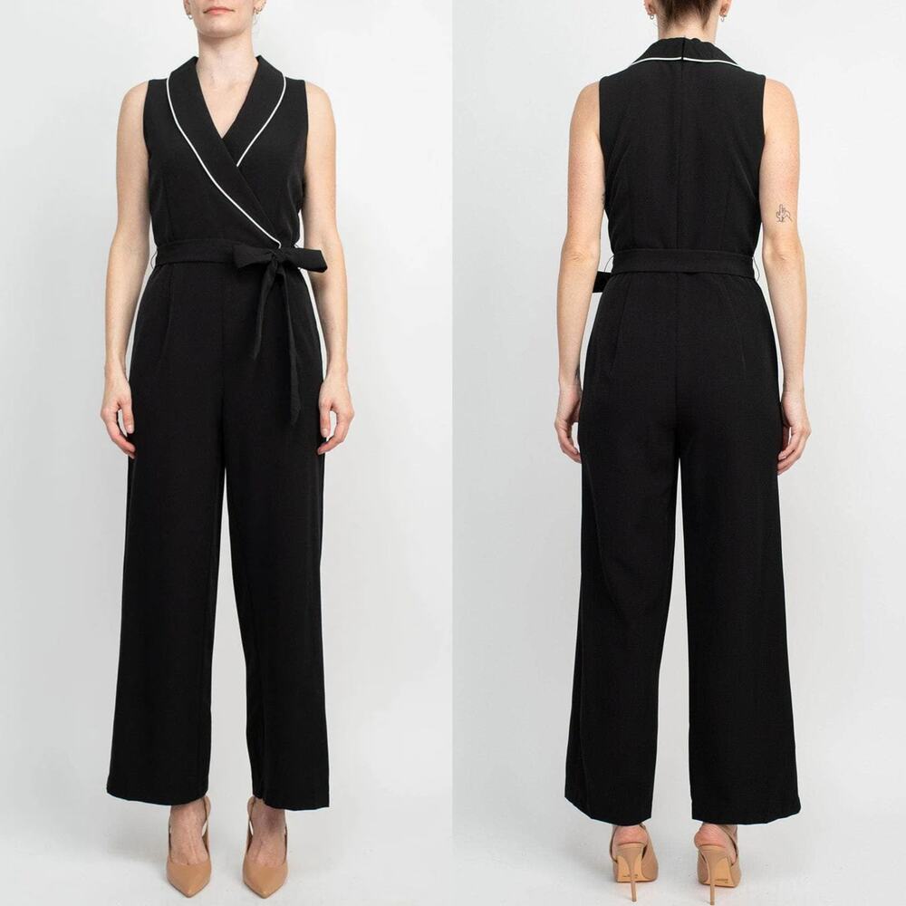 Tahari Womens Collared V Neck Scuba Jumpsuit Plus Size 16 Black Straight Leg NWT